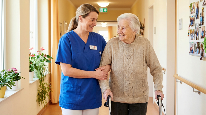 Professionelle Pflegekraft unterstützt Seniorin liebevoll beim Gehen