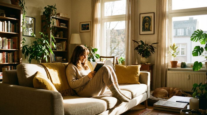 Frau liest entspannt ein Buch auf dem Sofa in einem sonnigen Wohnzimmer