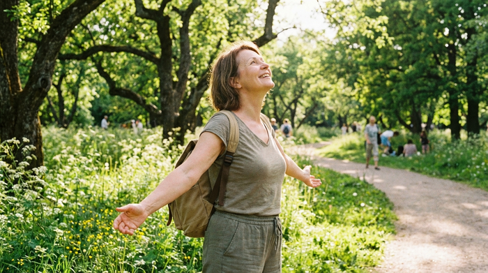 Eine lächelnde Frau mittleren Alters spaziert entspannt und tief durchatmend durch einen sonnigen, grünen Park.