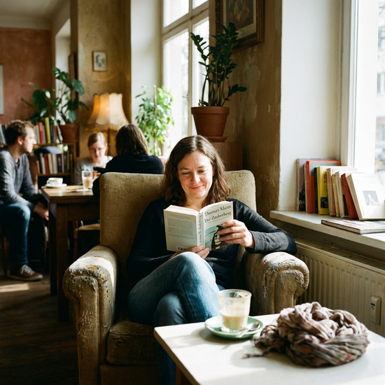 Die Tochter der älteren Dame sitzt entspannt in einem Café und liest konzentriert ein Buch.