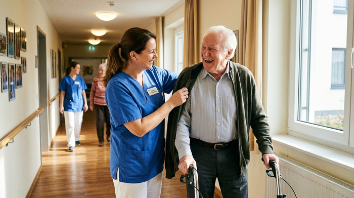 Eine professionelle Pflegekraft in blauer Dienstkleidung hilft einem lachenden Senior behutsam beim Anziehen der Jacke im Flur.