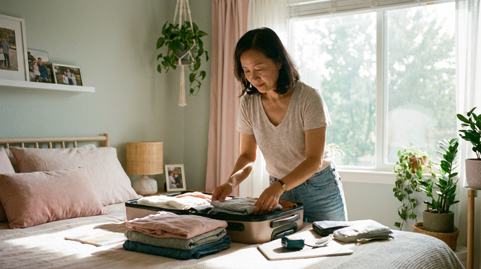 Eine Angehörige packt sorgfältig einen kleinen Reisekoffer im hellen Schlafzimmer.