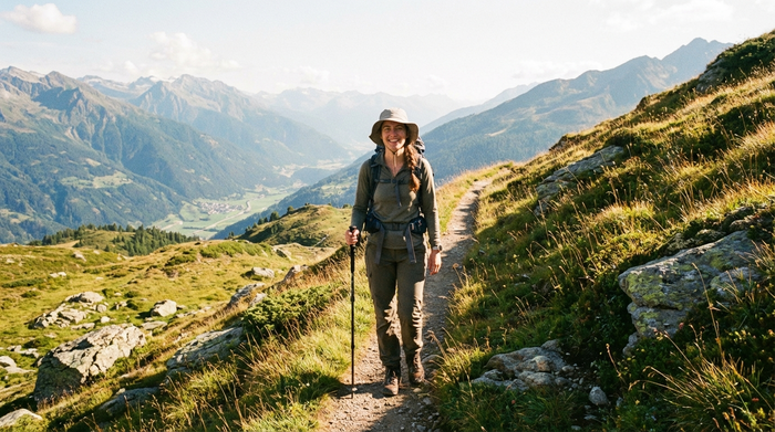 Die Angehörige wandert entspannt mit einem Rucksack auf einem sonnigen Bergpfad.
