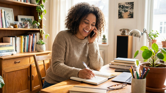 Eine Frau sitzt am Schreibtisch zu Hause, telefoniert lächelnd und macht sich Notizen auf einem Block.