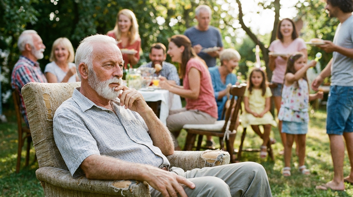 Älterer Herr sitzt nachdenklich und leicht isoliert am Rande einer gut besuchten Familienfeier