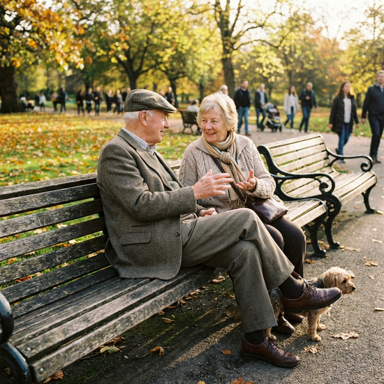 Zwei Senioren sitzen entspannt auf einer Parkbank und unterhalten sich zugewandt
