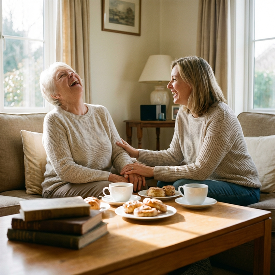 Ältere Dame lacht herzlich im Gespräch mit ihrer Tochter am Kaffeetisch