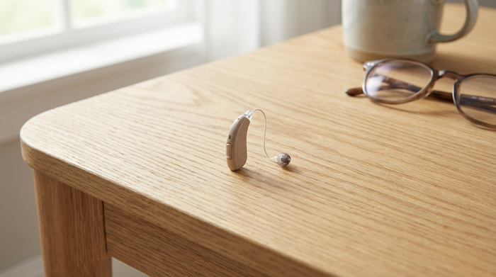 Diskretes Hinter-dem-Ohr-Hörgerät liegt auf einem hellen Holztisch