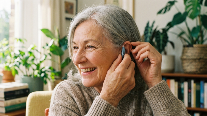 Seniorin setzt sich mit einem Lächeln ein modernes Hörgerät ein