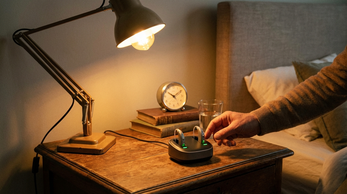 Ladestation für Akku-Hörgeräte steht auf einem Nachttisch neben einer Leselampe