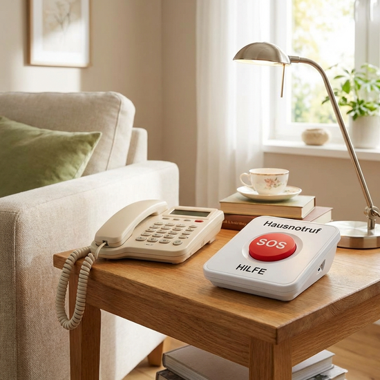 Hausnotruf-Gerät mit großem roten Knopf auf einem Beistelltisch neben einem Telefon
