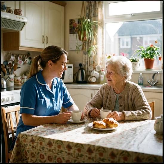 Pflegerin und Seniorin sitzen sich am Küchentisch gegenüber und halten beim Gespräch direkten Blickkontakt