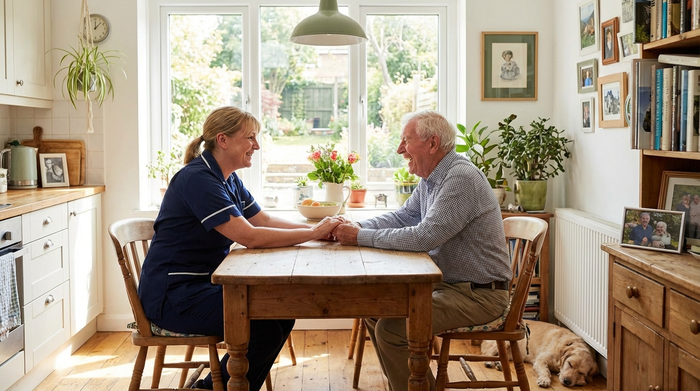 Freundliche Pflegerin und Senior im Gespräch am Küchentisch in einer hellen Wohnung
