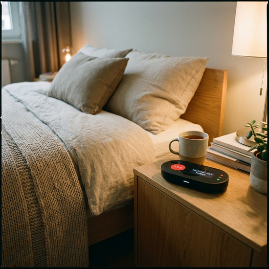 Modernes Hausnotruf-Gerät auf einem Nachttisch neben einem gemütlichen Bett