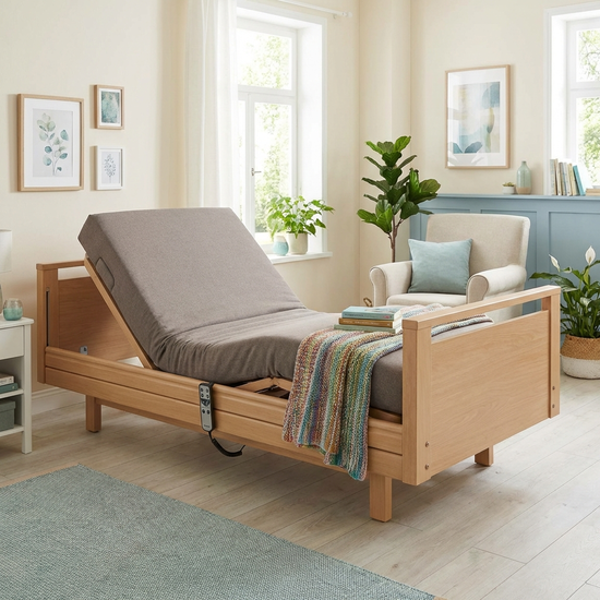 Modernes, elektrisch verstellbares Pflegebett in einem freundlichen Schlafzimmer