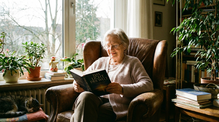 Entspannte ältere Dame liest ein Buch in einem bequemen Sessel bei Tageslicht