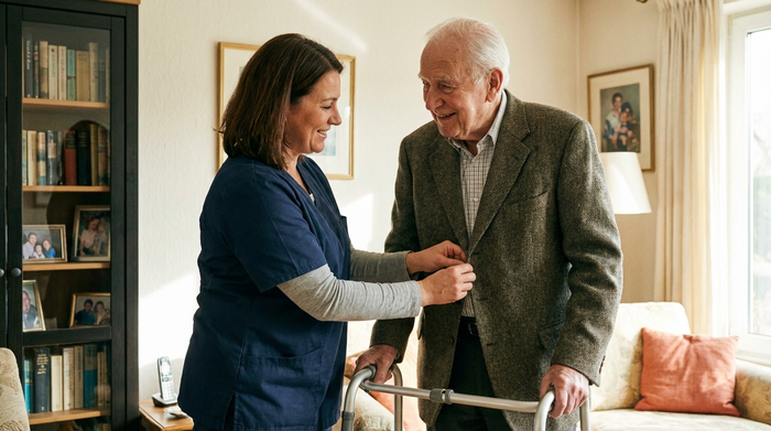 Professionelle Pflegekraft hilft einem älteren Herrn beim Richten der Kleidung