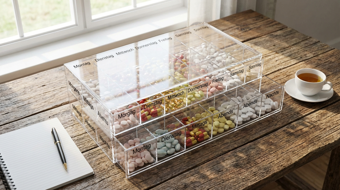 Übersichtlich sortierte Medikamentenbox auf einem Tisch