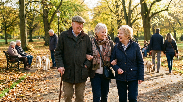 Senioren beim gemeinsamen, entspannten Spaziergang im Park