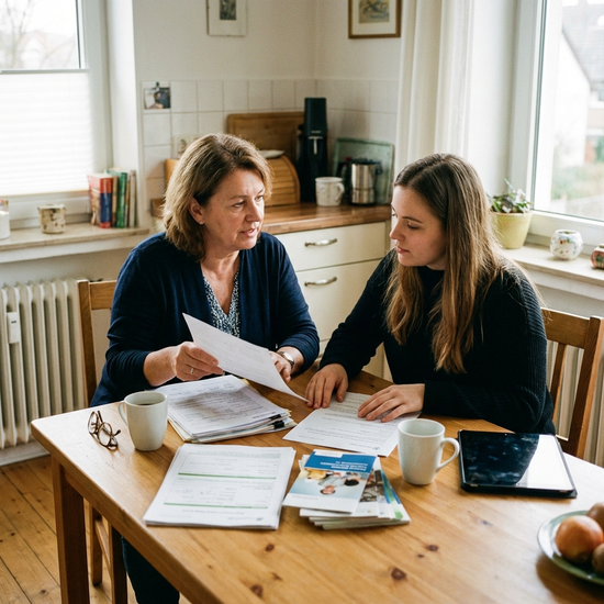 Pflegeberaterin und Angehörige sitzen gemeinsam am Tisch mit Dokumenten