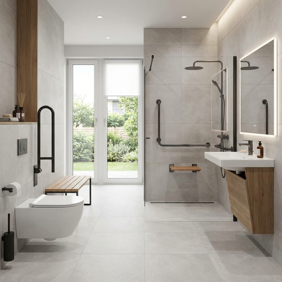 Modernes, barrierefreies Badezimmer mit Haltegriffen und ebenerdiger Dusche