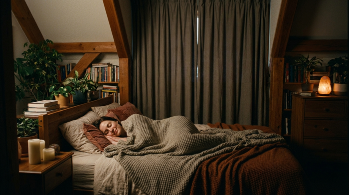 Friedlich schlafende Frau in einem gemütlichen, abgedunkelten Schlafzimmer