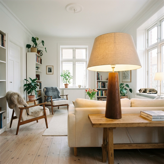 Helles, freundliches Wohnzimmer mit großer Tageslichtlampe auf dem Tisch