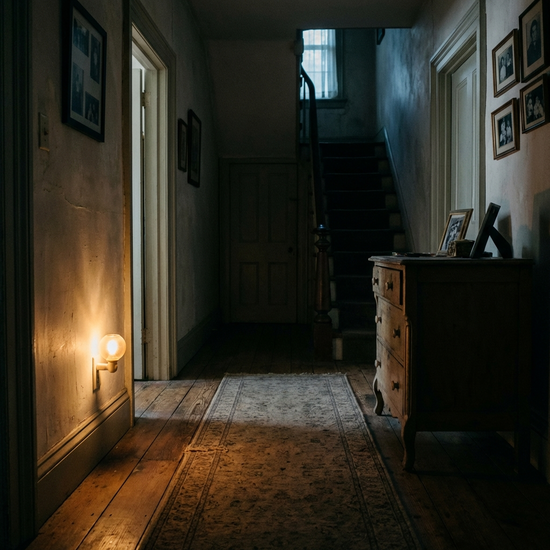 Sanftes Nachtlicht leuchtet in einem dunklen Flur