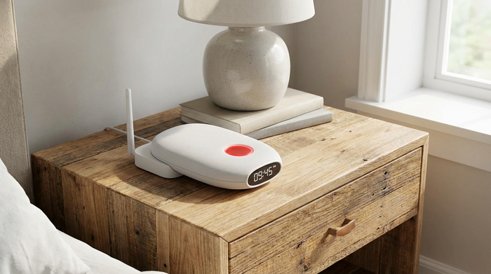 Modernes Hausnotruf-Gerät mit rotem Knopf auf einem Holz-Nachttisch