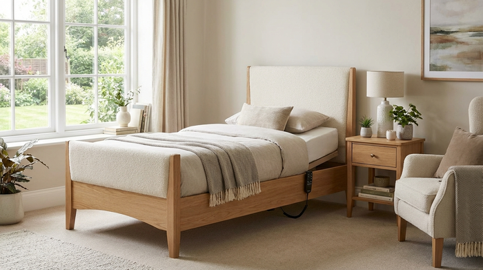 Elektrisch verstellbares Pflegebett in wohnlicher Umgebung