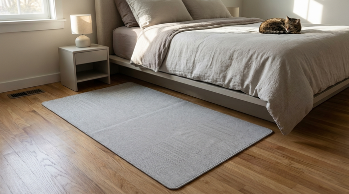 Dezente Sensormatte liegt sicher auf dem Boden vor einem Bett