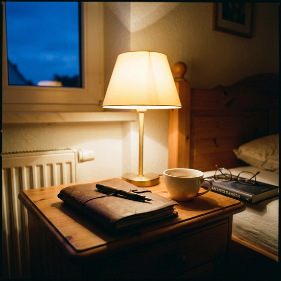 Notizbuch und Stift liegen abends bereit auf einem Nachttisch