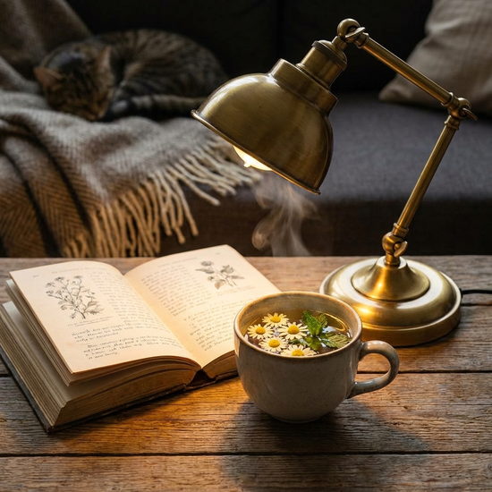Eine Tasse Kräutertee und ein aufgeschlagenes Buch unter einer warmen Leselampe