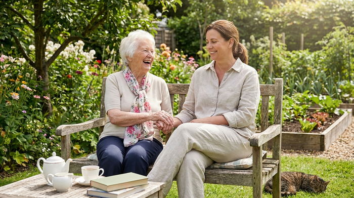 Lächelnde ältere Dame und ihre entspannte Pflegerin sitzen gemeinsam im Garten