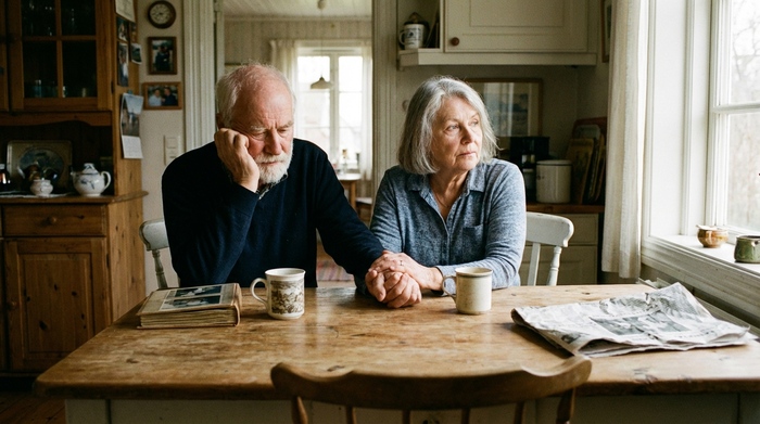 Älteres Ehepaar sitzt nachdenklich am Küchentisch