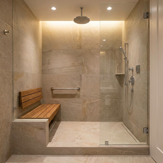 Bodengleiche Dusche mit komfortablem Duschsitz