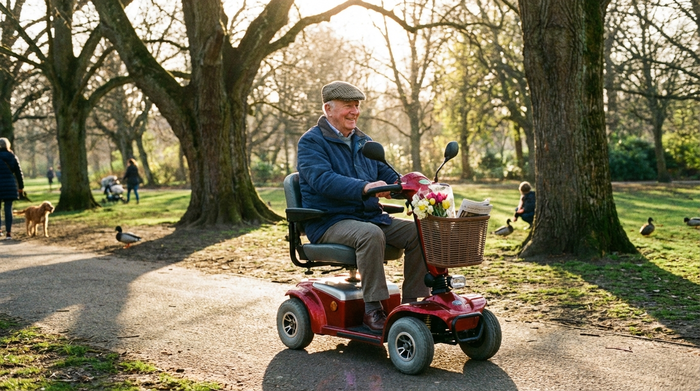 Senior fährt mit Elektromobil durch einen sonnigen Park