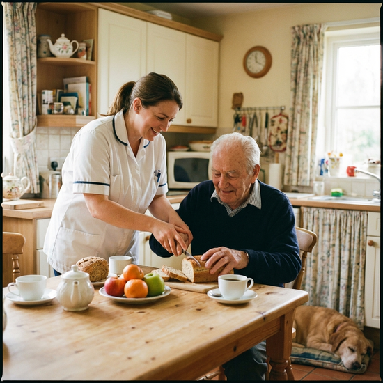 Pflegerin hilft Senior beim Richten des Frühstücks