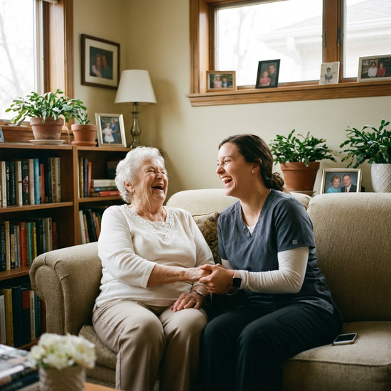 Pflegerin und Seniorin lachen gemeinsam im Wohnzimmer