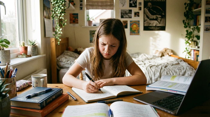 Tochter macht sich konzentriert Notizen am Schreibtisch
