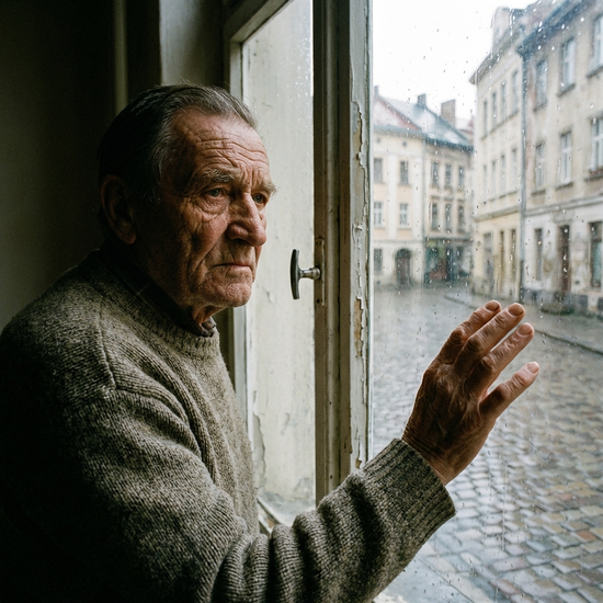 Senior blickt ernst aus dem Fenster