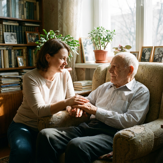 Tochter hält beruhigend die Hand ihres Vaters