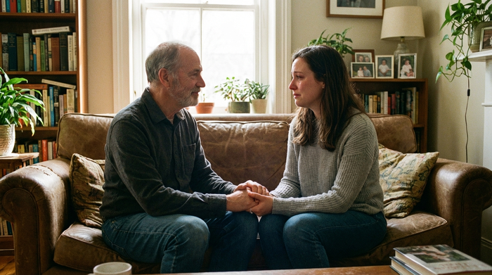 Tochter und Vater im verständnisvollen Gespräch auf dem Sofa