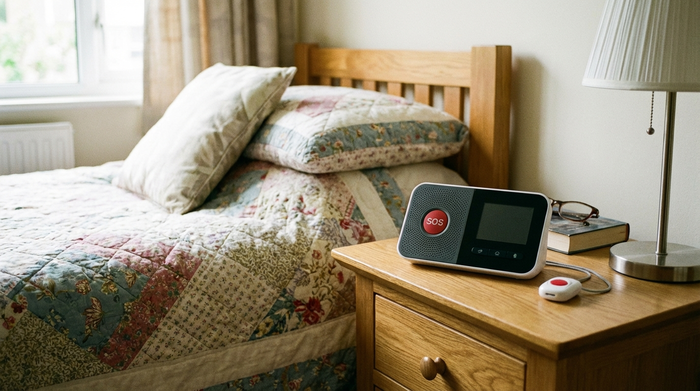 Hausnotruf-Gerät auf Nachttisch neben Bett