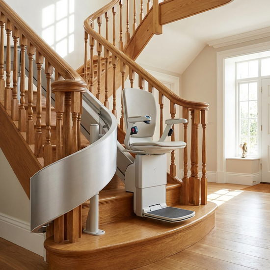 Moderner Treppenlift an einer gepflegten Holztreppe