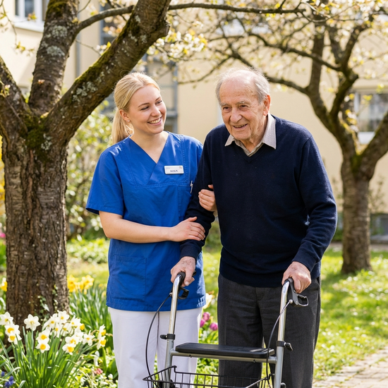 Pflegerin stützt älteren Herrn liebevoll beim Gehen