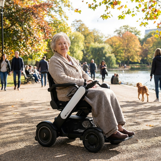 Seniorin sitzt entspannt in einem modernen elektrischen Rollstuhl im Park