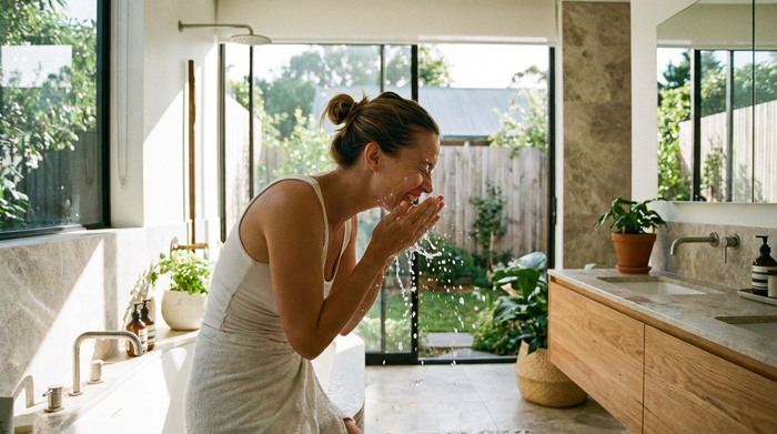 Frau wäscht sich mit kaltem Wasser das Gesicht im hellen Badezimmer