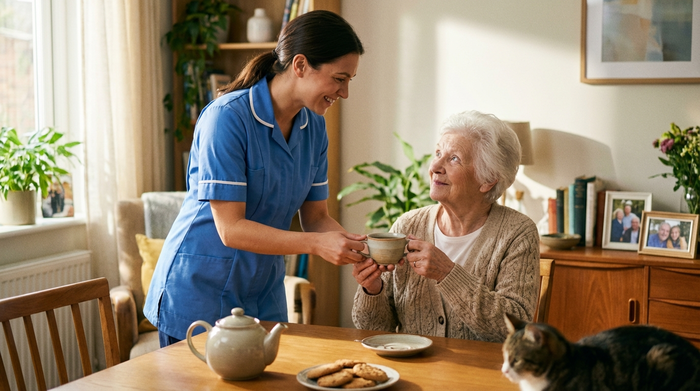 Pflegerin reicht Seniorin liebevoll eine Tasse Tee am Tisch