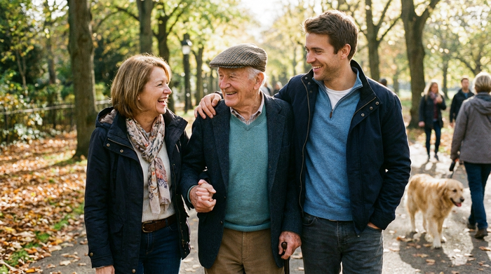 Senior und Angehörige lächeln sich bei einem gemeinsamen Spaziergang an